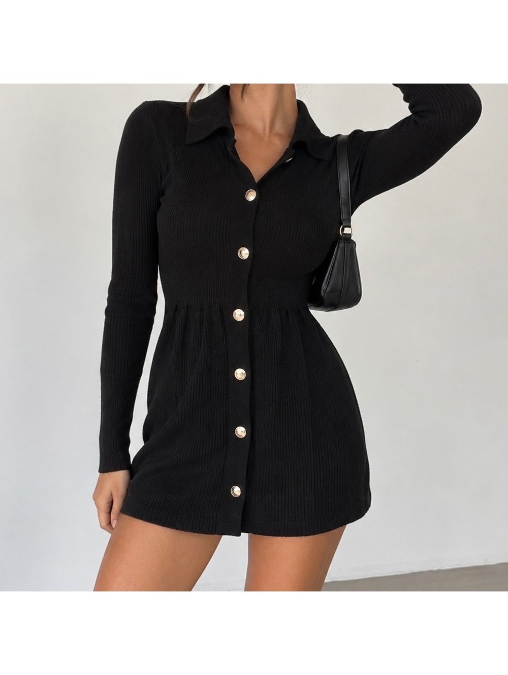 Aritzia Wilfred Black Ribbed Knit Gold Button Mini Dress Size S RUNS SMALL